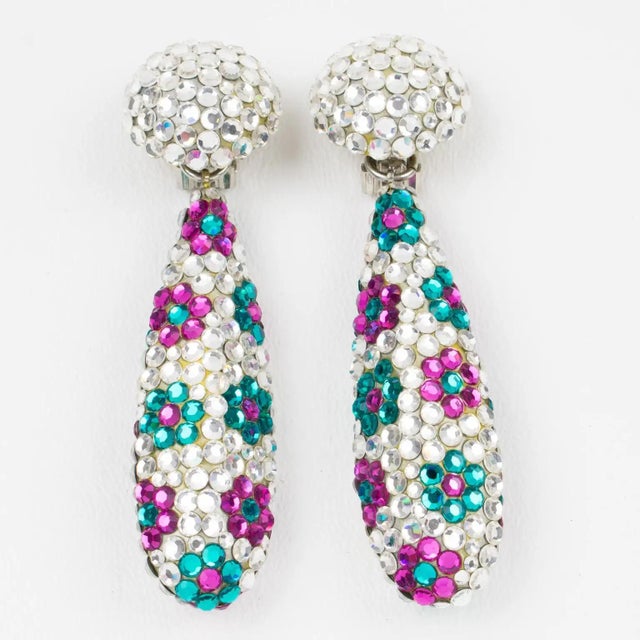 Richard Kerr Richard Kerr Floral Jeweled Clip Earrings in Turquoise and Fuchsia Crystal For Sale - Image 4 of 8