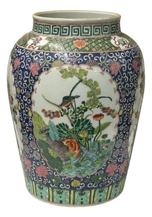 Oriental Famille Rose Blue Flower Birds Graphic Ceramic Art Vase Jar