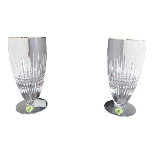 Waterford Crystal Lismore Diamond Platinum Iced Tea Glass Pair Unused in Box For Sale