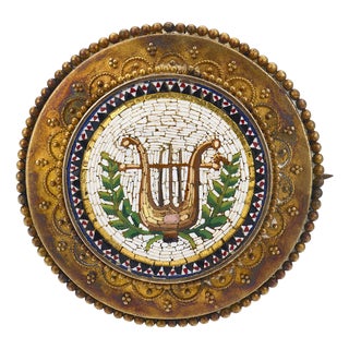 Late 19th Century Victorian Enamel Micromosaic 22k Yellow Gold Lyre Brooch For Sale