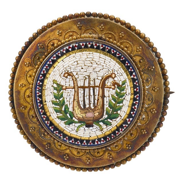 Late 19th Century Victorian Enamel Micromosaic 22k Yellow Gold Lyre Brooch For Sale