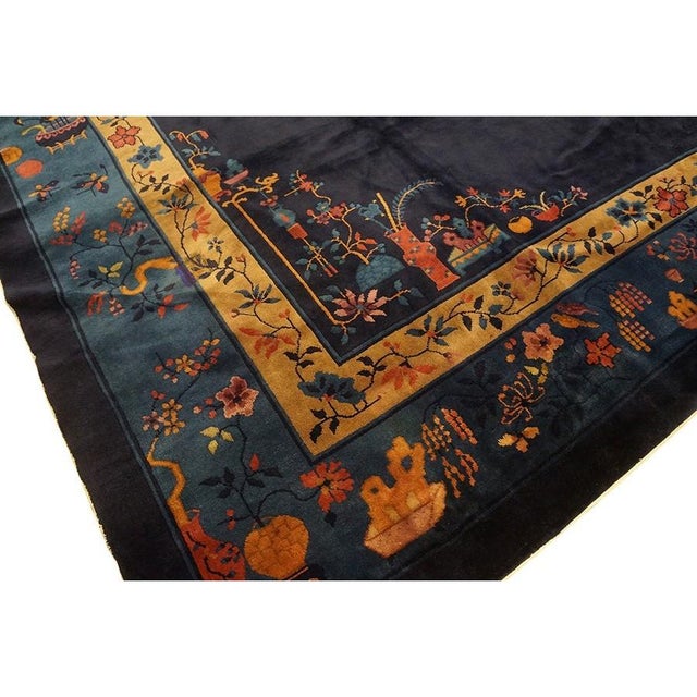Navy Blue 1920s Antique Chinese Art Deco Wool Floral Manchester Blue Hand Knotted Rug For Sale - Image 8 of 9