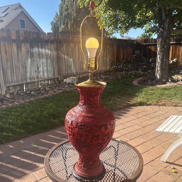 Paint Large Antique Chinese Lamp Cinnabar With Finial -Rare For Sale - Image 7 of 8