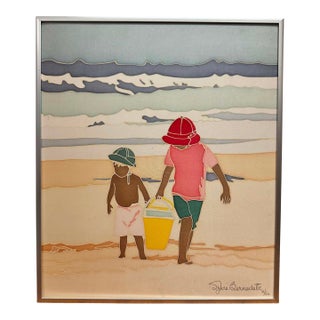 Vintage Sylvie Bernadette Limited Edition Silk Painting – Children at the Beach, Signed & Numbered 7/50 For Sale