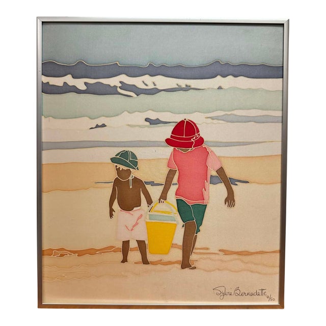 Vintage Sylvie Bernadette Limited Edition Silk Painting – Children at the Beach, Signed & Numbered 7/50 For Sale