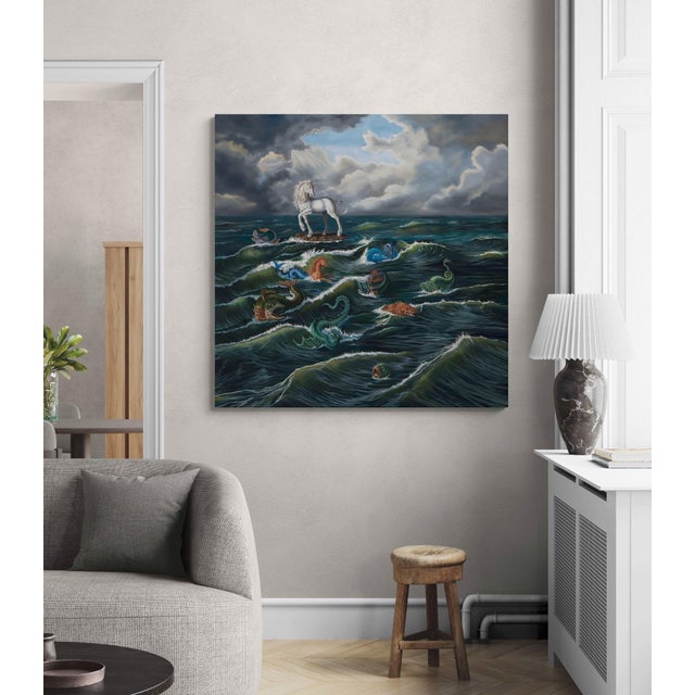 This oil on canvas artwork depicts a striking scene where a unicorn stands majestically atop a rocky outcrop amidst...