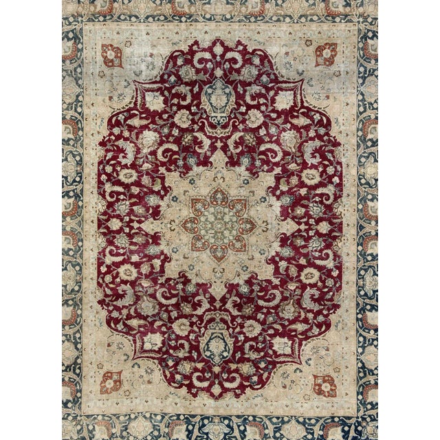 Persian Layered Floral Medallion Antique Persian Mashad Rug in Red, Blue and Cream For Sale - Image 3 of 13