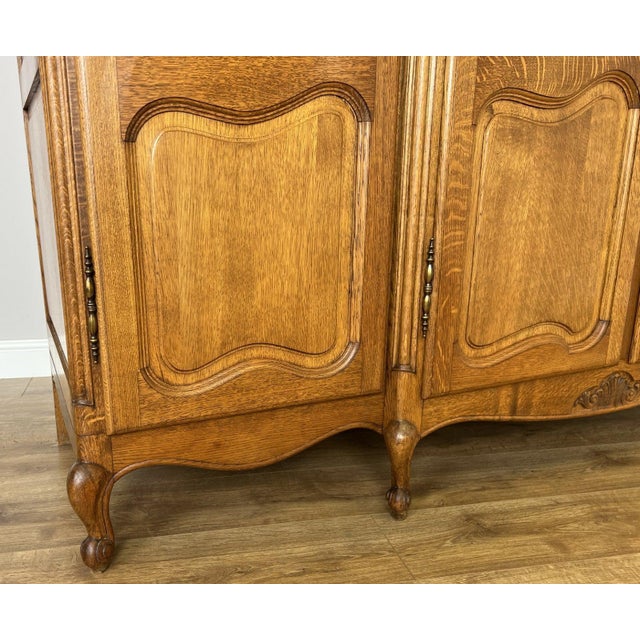 Vintage Louis XVI French Oak Four Door Carved Armoire For Sale - Image 6 of 11