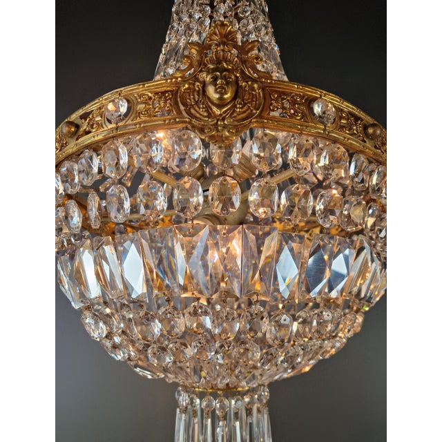 Putti Face Empire Chandelier Crystal Gold Basket Antique Brass Classic For Sale - Image 4 of 11