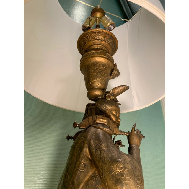 Metal Vintage Figural Brass Lamp With Drum Shade For Sale - Image 7 of 12