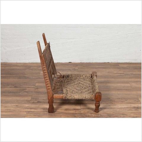 Rustic Rustic Indian Low Wooden Chair with Rope Seat and Weathered Appearance For Sale - Image 3 of 12