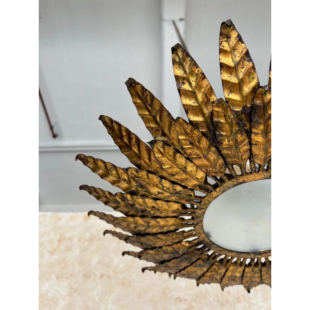 Gold Vintage Spanish Gilt Metal Sunburst Ceiling Fixture For Sale - Image 8 of 12