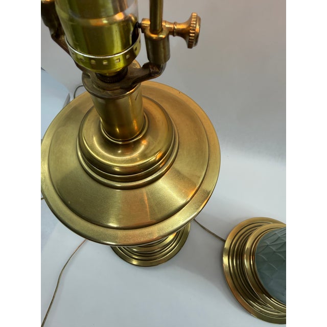 Mid 20th Century Hollywood Regency Turquoise Ceramic & Brass Column Lamps - A Pair For Sale - Image 6 of 12