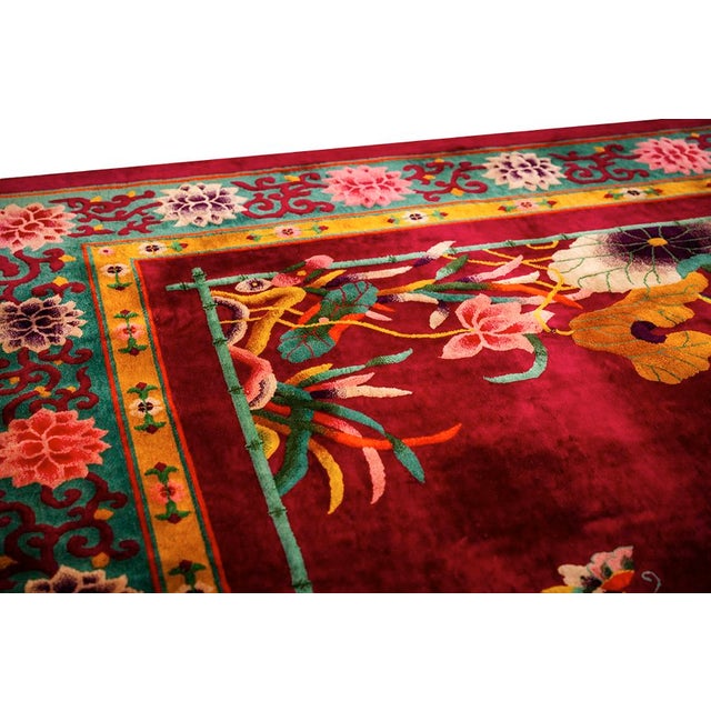 Textile 1920s Room Size Wool Red Chinese Floral Modern Antique Knotted Art Deco Rug For Sale - Image 7 of 9