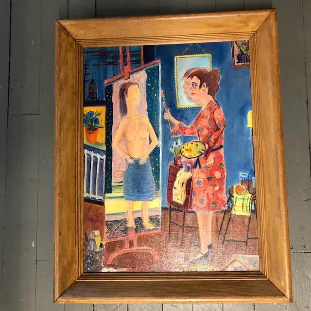 Textile Vintage Original Modernist Nude Interior Artist Painting For Sale - Image 7 of 7