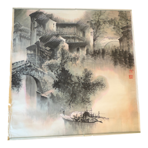 Traditional Chinese Ink Wash Scroll Painting ( Shui Mo Hua ) Village Scene , Signed