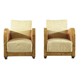 Art Deco Club Chairs in Briar and Fabric, 1930s, Set of 2 For Sale