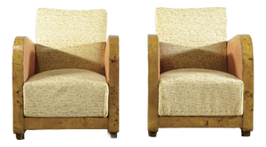 Art Deco Club Chairs in Briar and Fabric, 1930s, Set of 2
