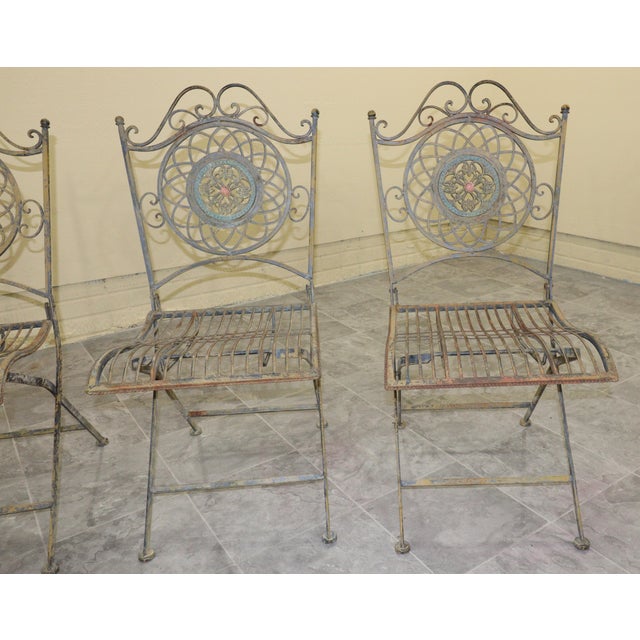 1970s Italian Bistro–Style Wrought Iron Garden Set With Four Folding Chairs For Sale - Image 16 of 18
