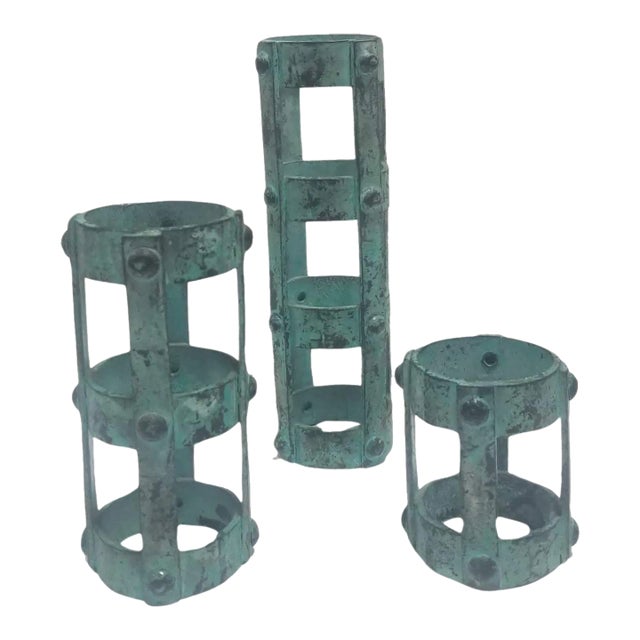 Set of 3 Brutalist Style Candlestick Holders Cage Design, 1970s For Sale
