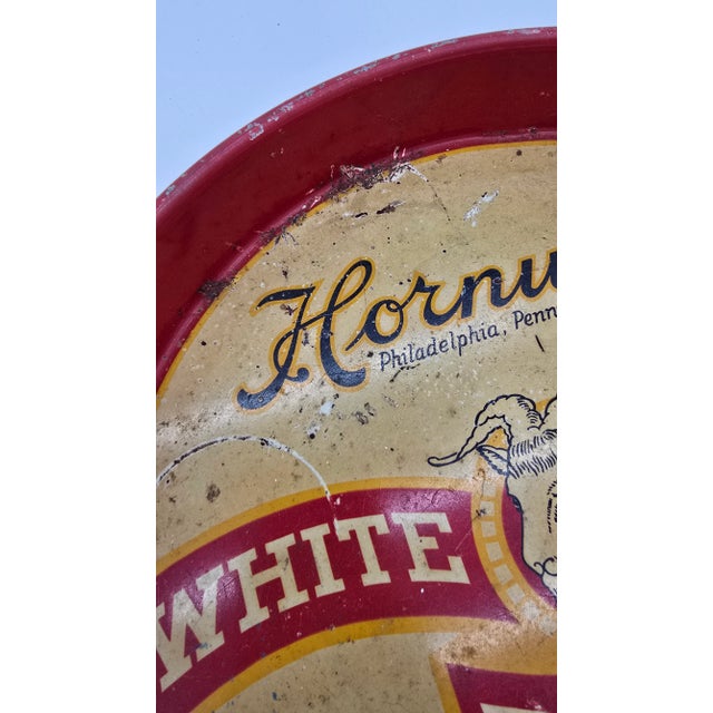 Red Vintage Hornung's White Bock Beer Metal Tray Round Philadelphia For Sale - Image 8 of 11