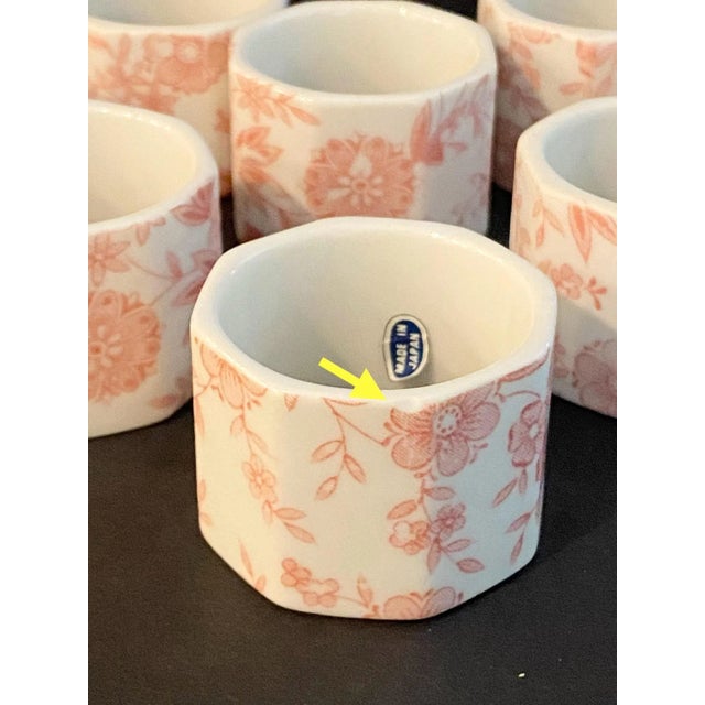 Vintage Japanese Pink and White Ceramic Napkin Rings With English Tin Tray - Set of 9 For Sale - Image 10 of 10