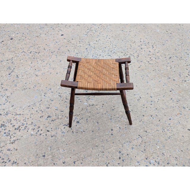 Wood Early 20th Century Wicker and Turned Oak Wood Stool Bench For Sale - Image 7 of 8