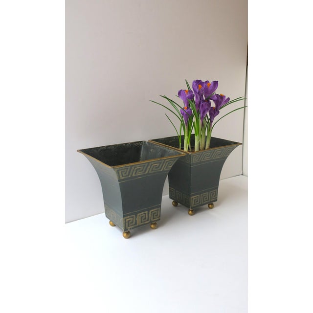 Metal Italian Greek-Key Planters Potholders Cachepots Jardinières, Pair For Sale - Image 7 of 15