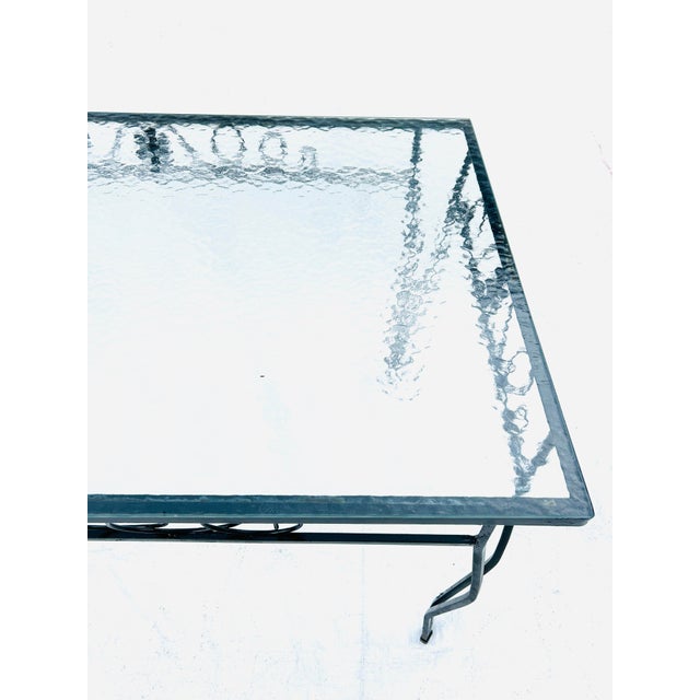 70's Midcentury Black Wrought Iron Outdoor Glass Top Table For Sale - Image 4 of 4