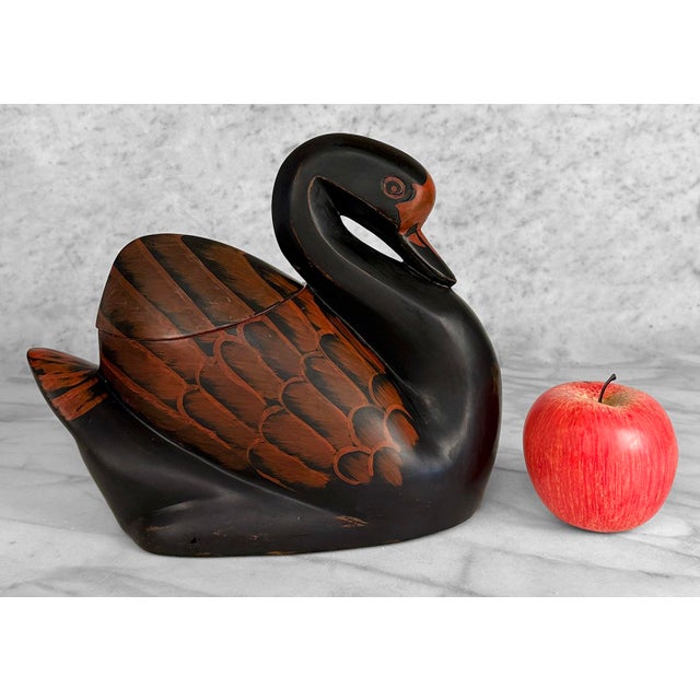 - Original 1940's Chinese Figural Swan Jar - Black Lacquer Over Plaster with Hand Painted Red Accenting - Lidded Back with...