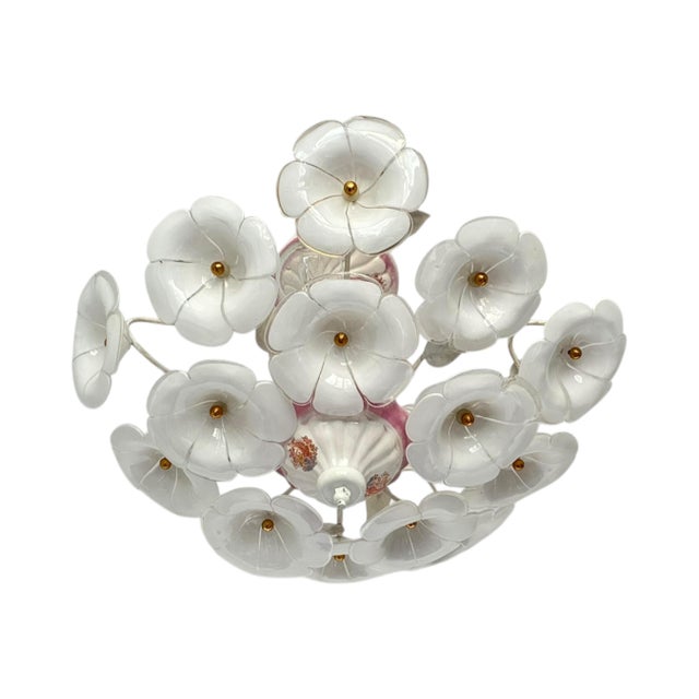 Vintage White Murano Style Floral Chandelier | Italian Art Deco Ceiling Light | 1980s Glass Flower Lighting For Sale - Image 4 of 17