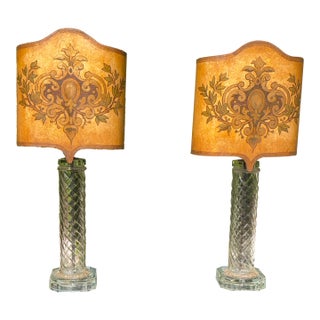 1950s Pair of Wonderful Glass Swirl Crystal Lamps With Custom Hand Painted Italian Tuscan Shades For Sale