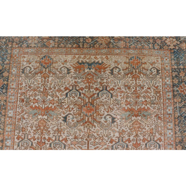 Antique Persian Gallery Heriz Rug With Geometric Design in Copper and Blue 5'1 X 12'3 For Sale - Image 9 of 15