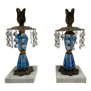 Vintage Alabaster, Brass and Blue Sapphire Glass Crystal Candleholders, a Pair For Sale