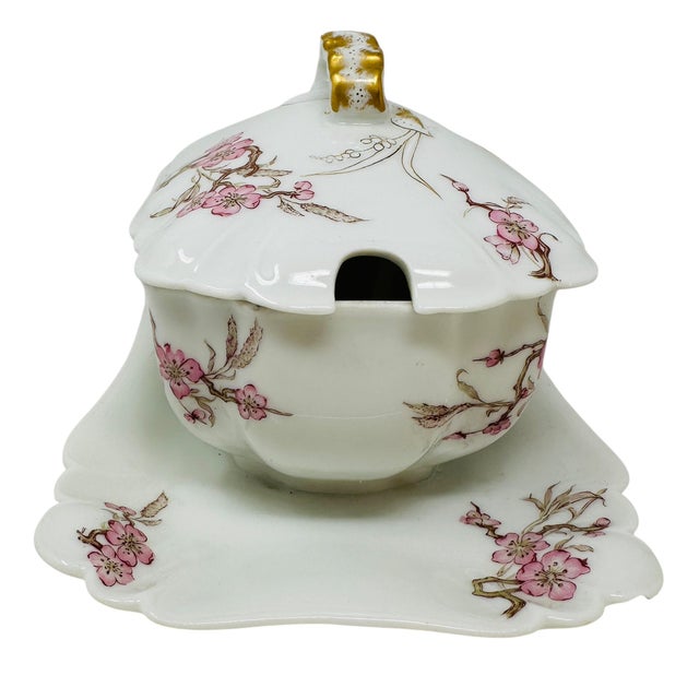 Haviland & Co. Antique Haviland Limoges Gravy Boat With Attached Underplate, Schleiger 222 Pink Cherry Blossom Floral Pattern, 1876-1889 H&Co/L Mark For Sale - Image 4 of 18
