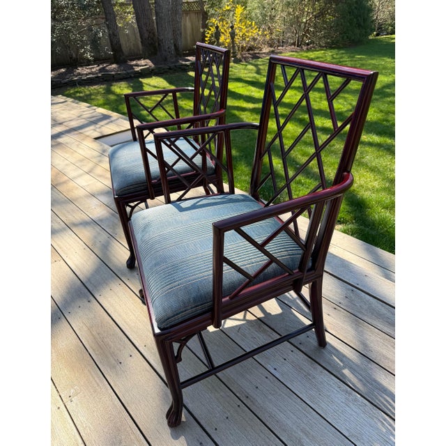 Air of Baker Chinoiserie Lacquered Lounge Chairs With Geometric Lattice Backs & Upholstered Seats For Sale - Image 14 of 18