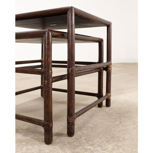 Nest of Three McGuire Rattan Cane Raffia and Oak Side Tables For Sale - Image 11 of 18