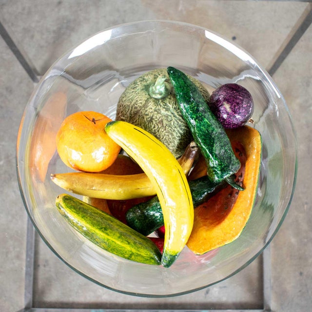 Vintage Glass Bowl Of Papier Mache Fruit Vegetables Plus Ceramic Cantaloupe Centerpiece Chairish