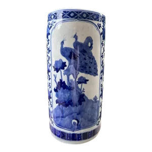 Mid 20th Century Chinese Qianlong Blue White Chinoiserie Peacock Floral Porcelain Cane Umbrella Stand