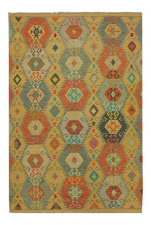 1990s Navajo Style Tribal Felice Gold/Gray Hand-Woven Kilim Wool Rug -6'7 X 9'10