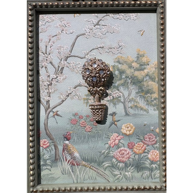 Hollywood Regency Vintage Topiary Against Tapestry Print in Gold and Green Frame For Sale - Image 3 of 4