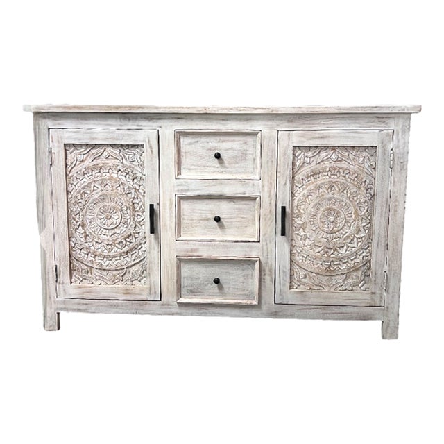 2 Door 3 Drawer Laser Cut Solid Mango Wood Cabinet For Sale