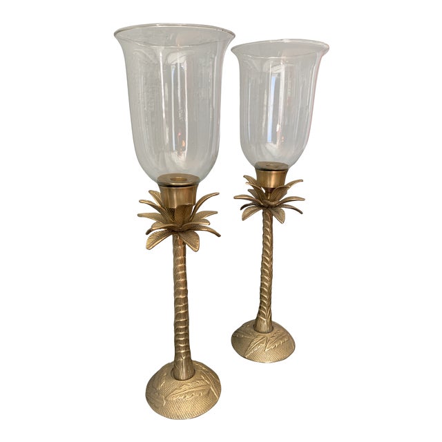 Vintage Large Brass Palm Candleholders With Hurricanes- a Pair For Sale