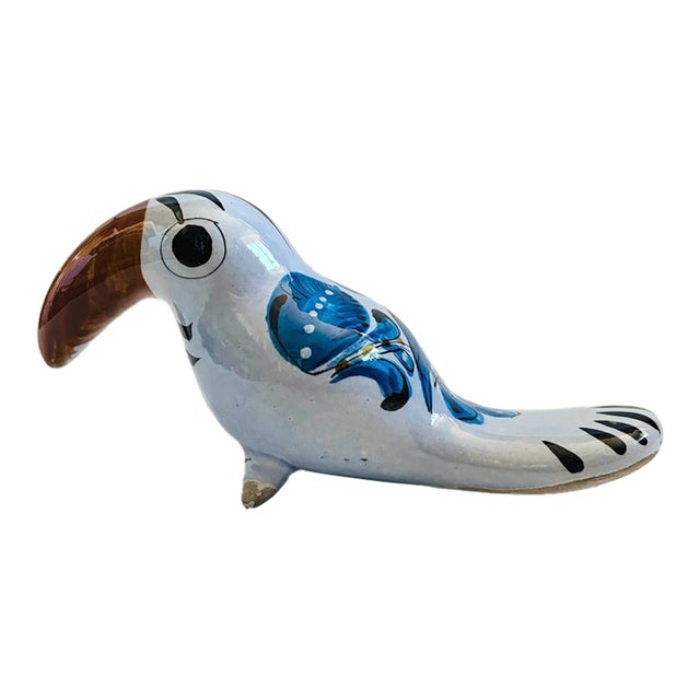 Vintage Tonala Pottery Toucan - Mexican Folk Art Pottery With Hand Painted Floral Designs For Sale
