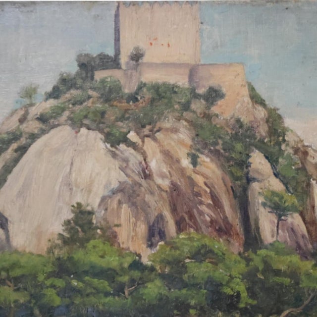 This mid-20th century French fortress painting presents a commanding yet contemplative view of historic architecture set...
