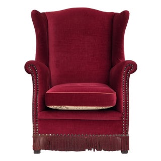 Danish Highback Armchair in Red Velour and Ash, 1970s For Sale