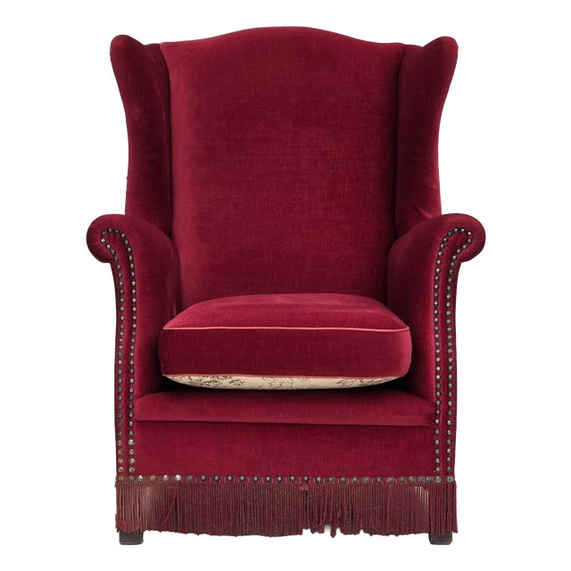 Danish Highback Armchair in Red Velour and Ash, 1970s For Sale