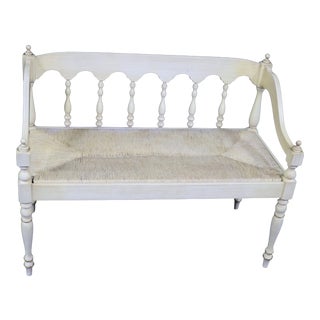 Louis XVI Style Cream Painted Rush Seat Bench For Sale