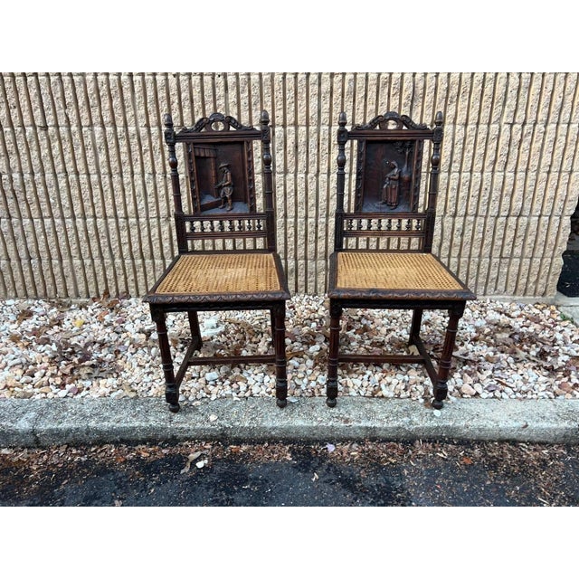 Early 20th Century Pair of Antique French Renaissance Style Carved Cane Seat Brittany Side Chairs For Sale - Image 4 of 12