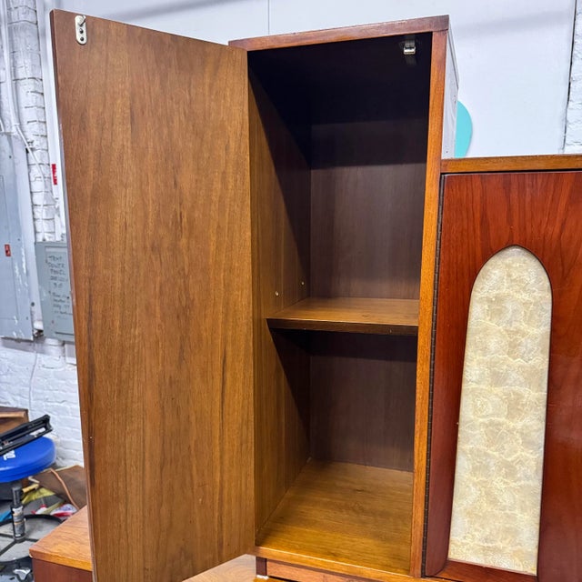Brown MCM Walnut & Mother of Pearl Sideboard With Bar Cabinet For Sale - Image 8 of 18